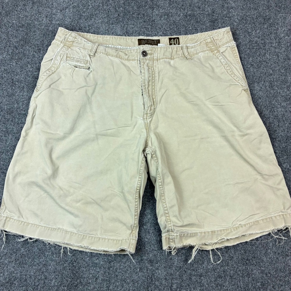 Old Navy Mens Khaki Shorts Size 40 Distressed Frayed Hem Cotton Twill Tan Casual